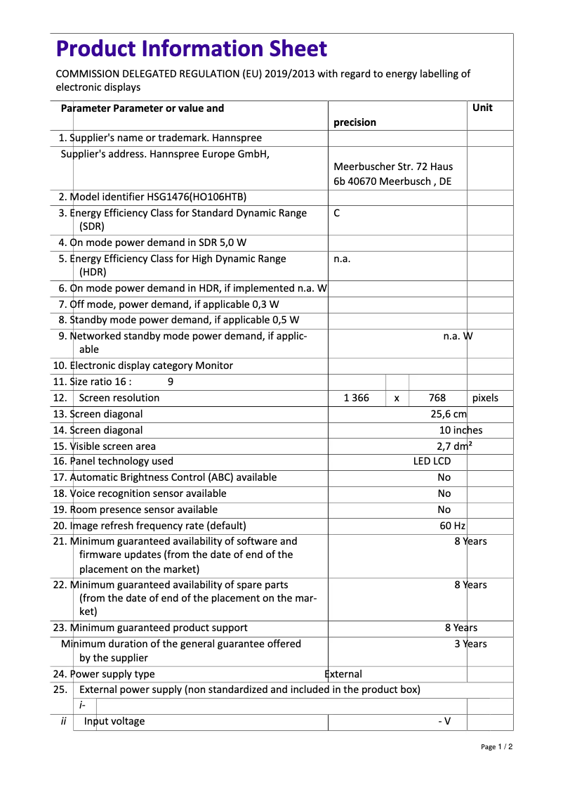 Page 1 de la notice Manuel utilisateur Hannspree HO106HTB