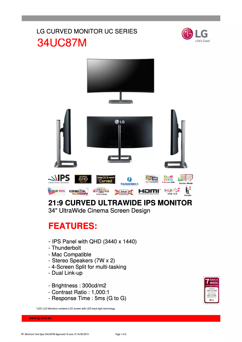 Página 1 del manual Ficha técnica LG 34UC87M