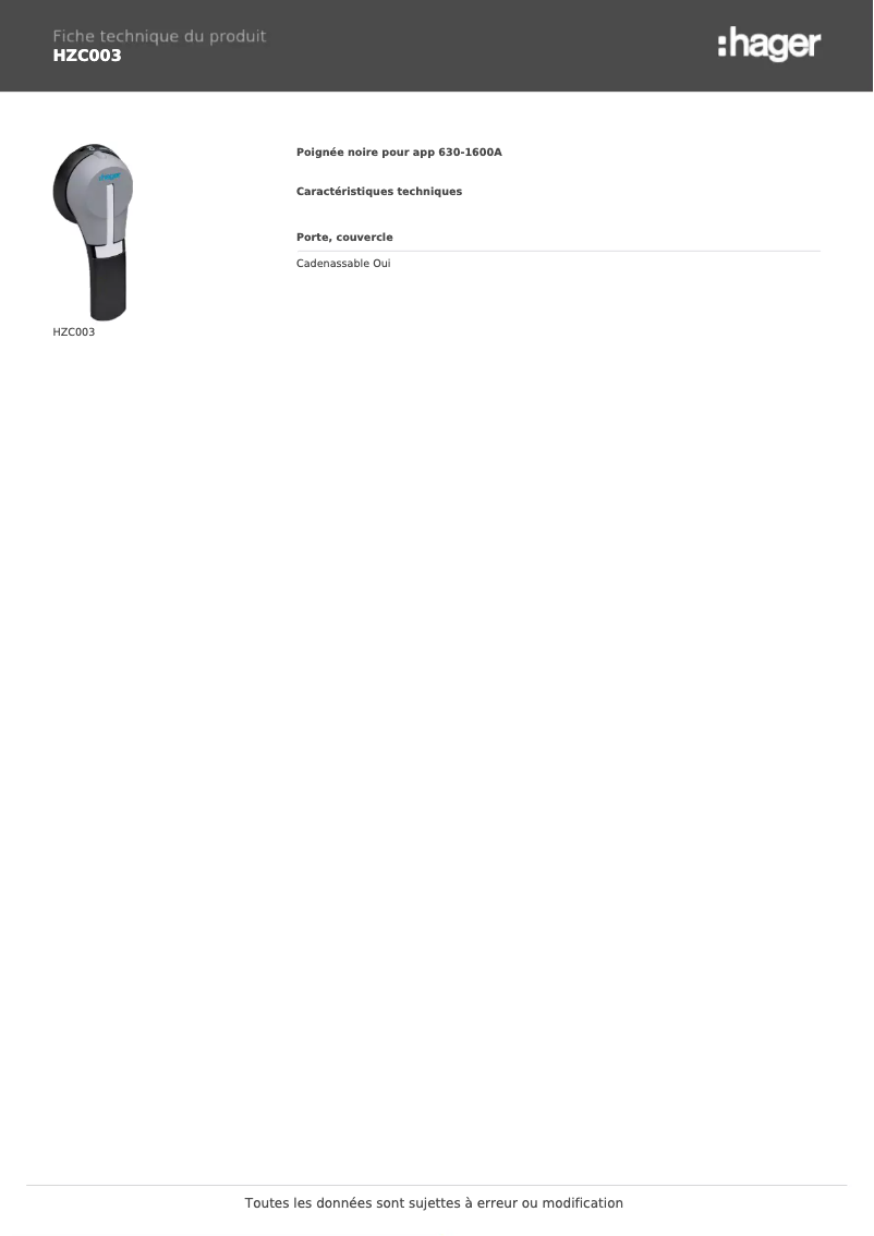 Page 1 de la notice Manuel utilisateur Hager HZC003