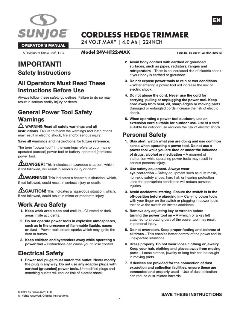 Page n°1 - Manuel utilisateur Sun Joe 24V-HT22-MAX