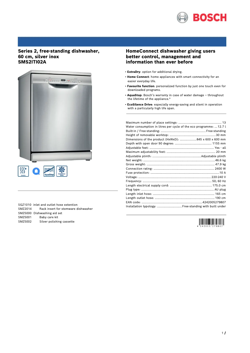 Page 1 de la notice Fiche technique Bosch SMS2ITI02A