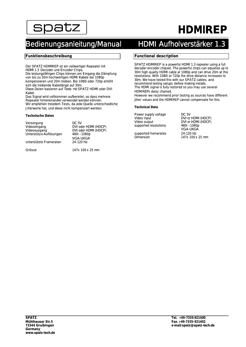Page n°1 - Manuel utilisateur Spatz HDMIREP
