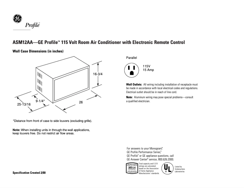 Page n°1 - Fiche technique GE Profile ASM12AA