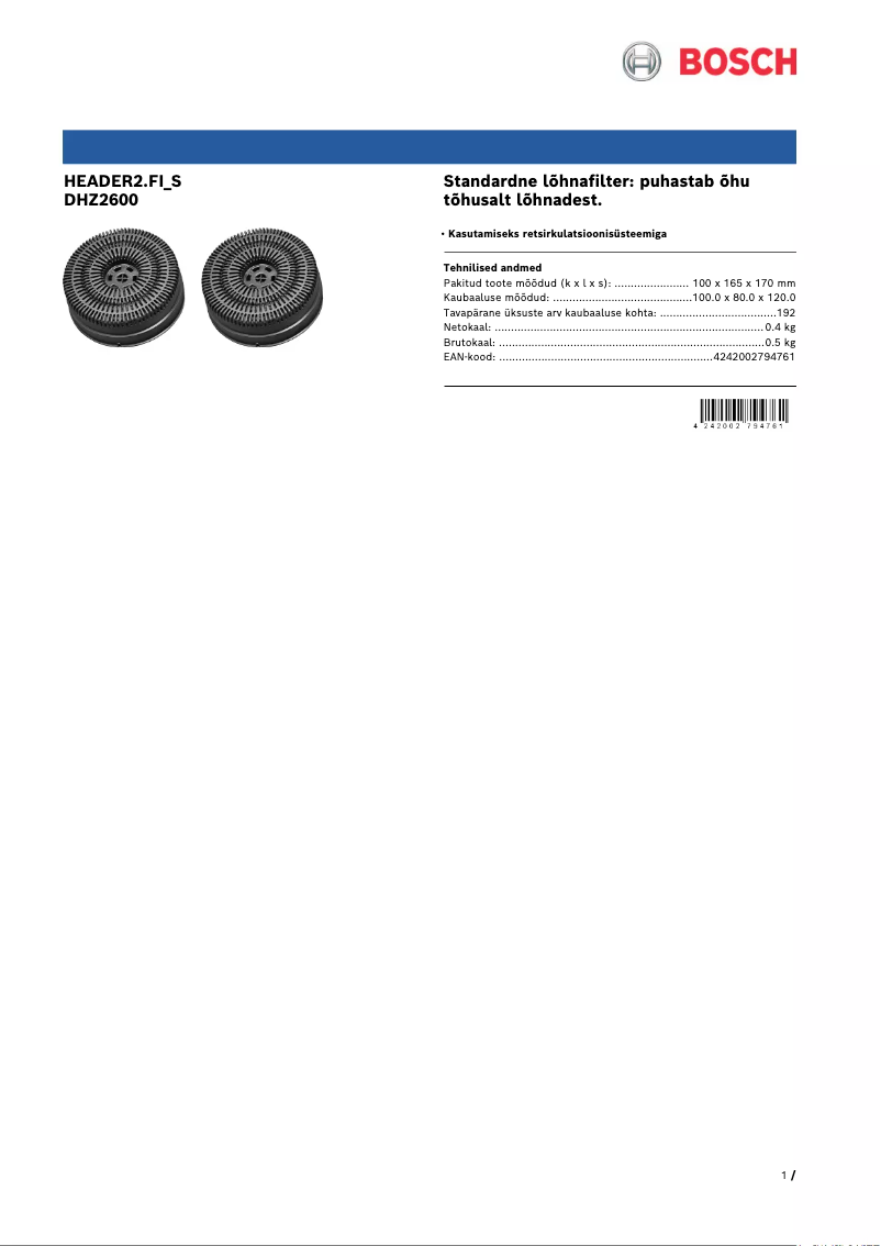 Page 1 de la notice Fiche technique Bosch DHZ2600