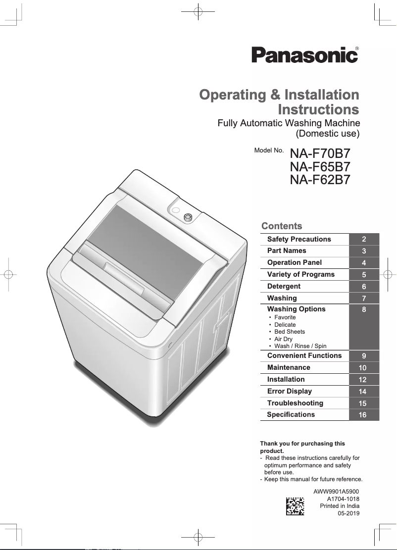 Page 1 de la notice Manuel utilisateur Panasonic NA-F65B7