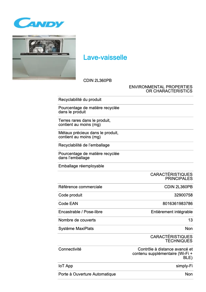 Page n°1 - Fiche technique Candy CDIN 2L360PB