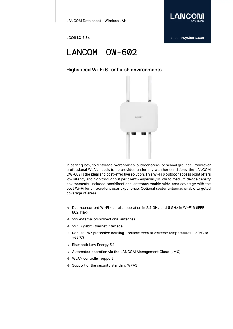 Page 1 de la notice Fiche technique Lancom OW-602