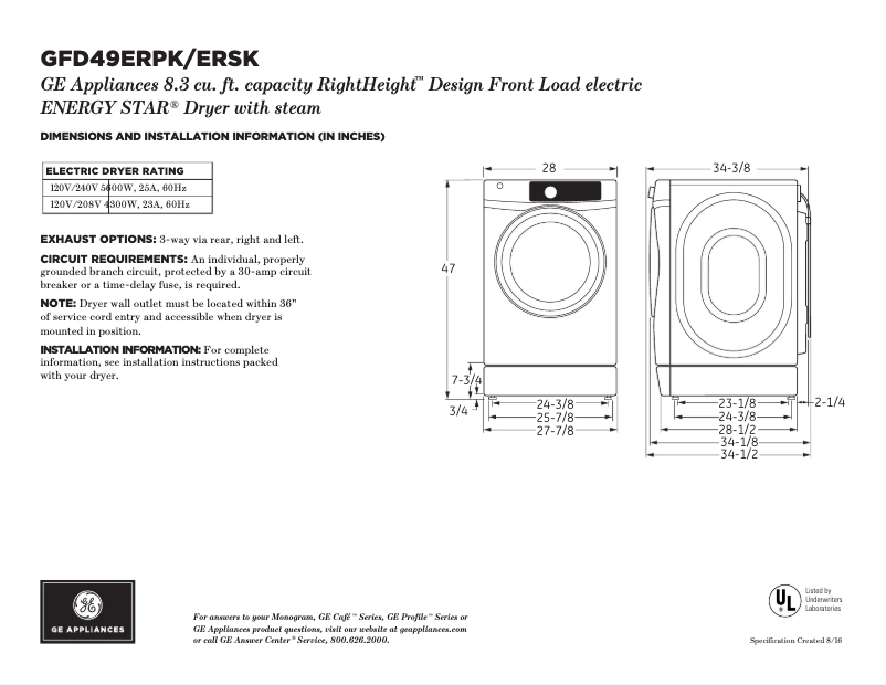 Page 1 de la notice Fiche technique GE GFD49ERSKWW