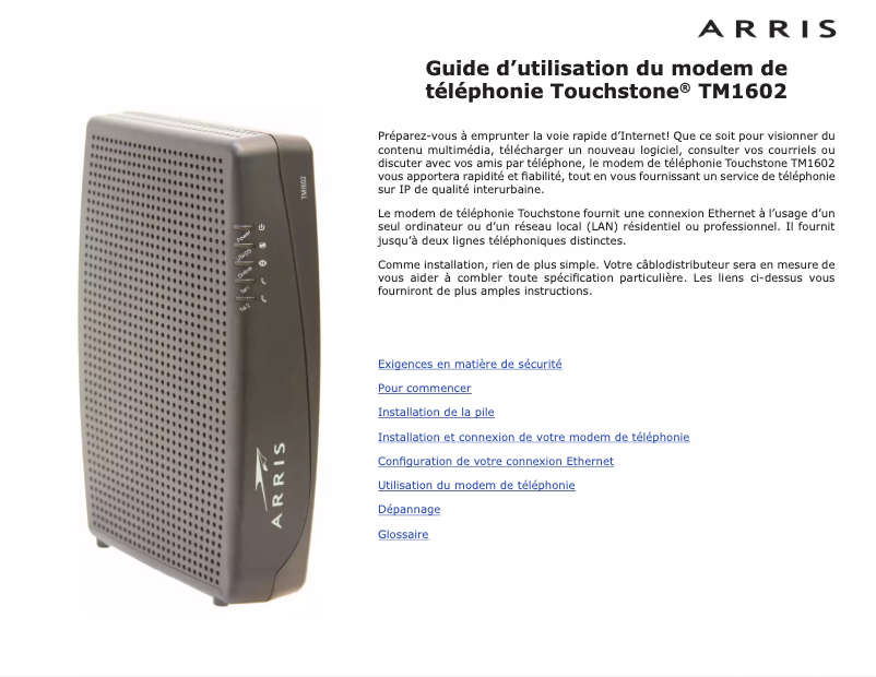 Page 1 de la notice Manuel utilisateur Arris Touchstone TM1602