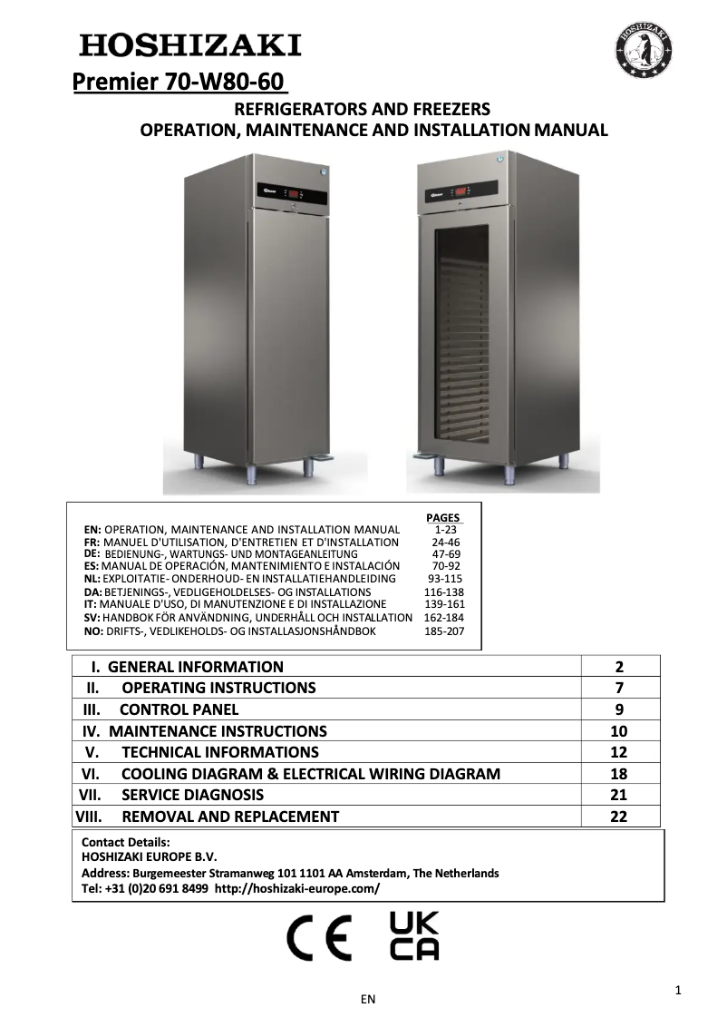 Page 1 de la notice Manuel utilisateur Hoshizaki Premier K 60 L DR