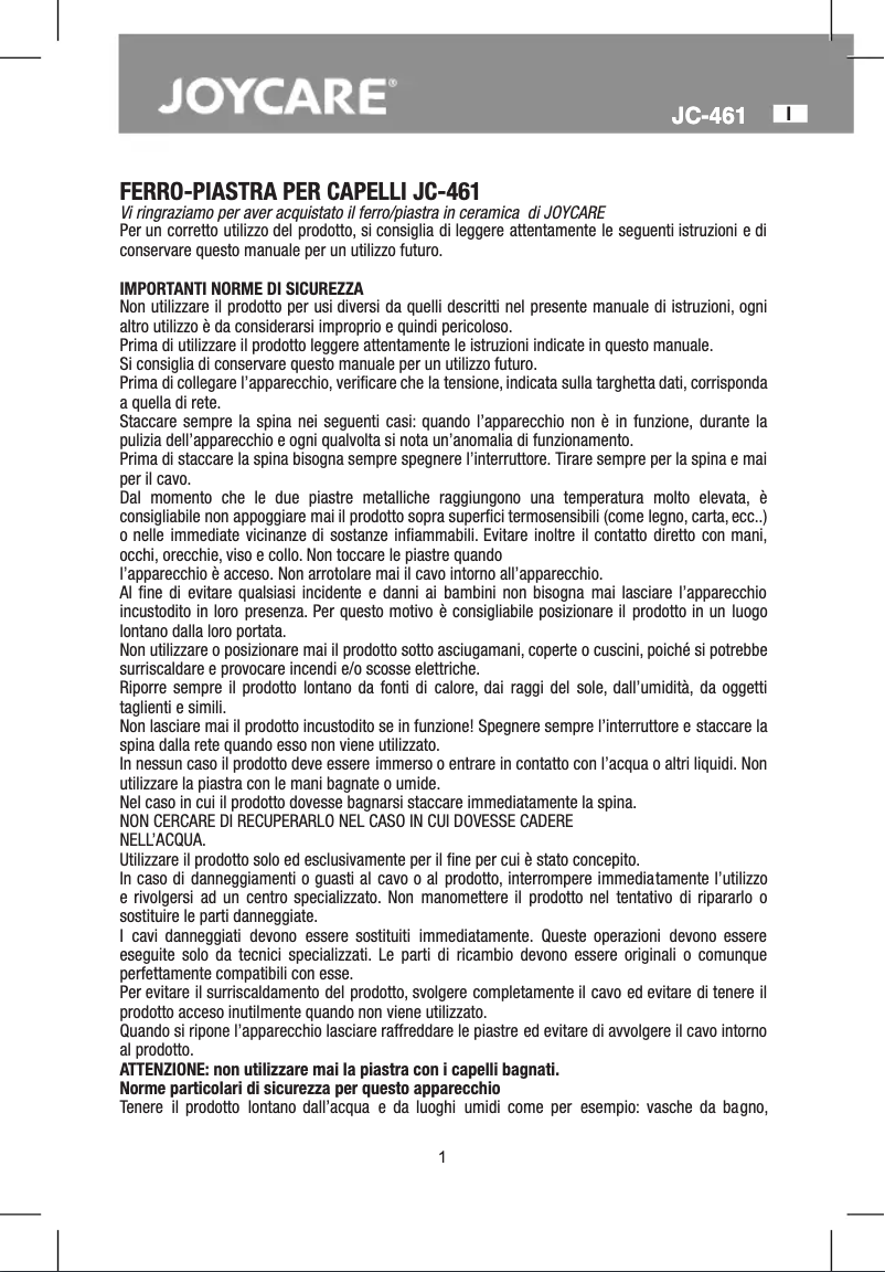 Page 1 de la notice Manuel utilisateur Joycare JC-461