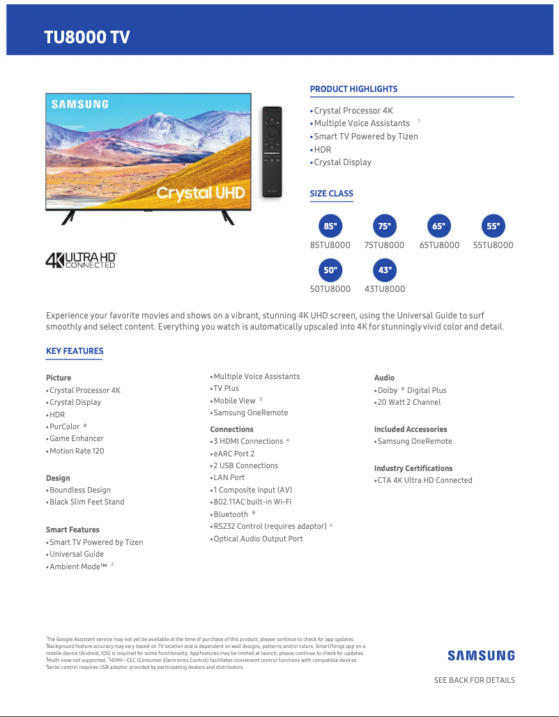 Page 1 de la notice Fiche technique Samsung UN65TU8000FXZA