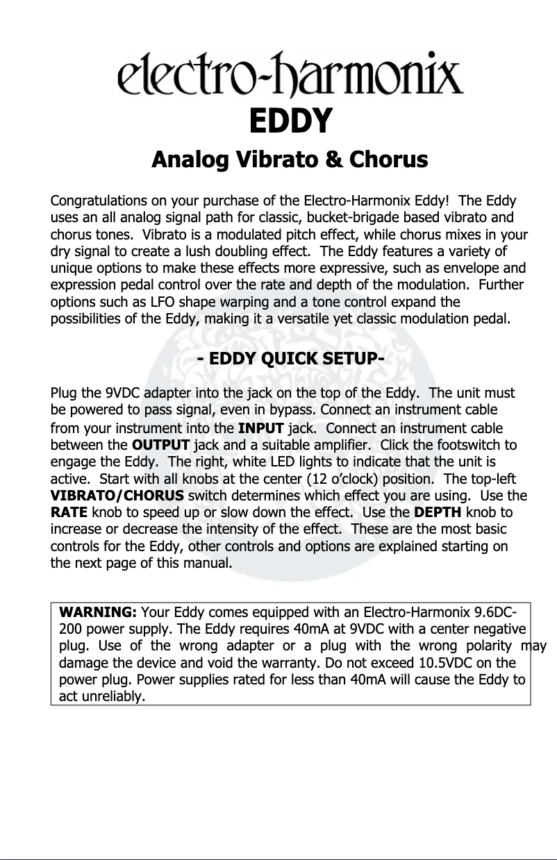 Page 1 de la notice Manuel utilisateur Electro Harmonix EDDY