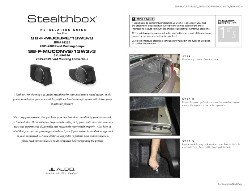 Page 1 de la notice Manuel utilisateur JL Audio Stealthbox SB-F-MUCUPE/13W3v3