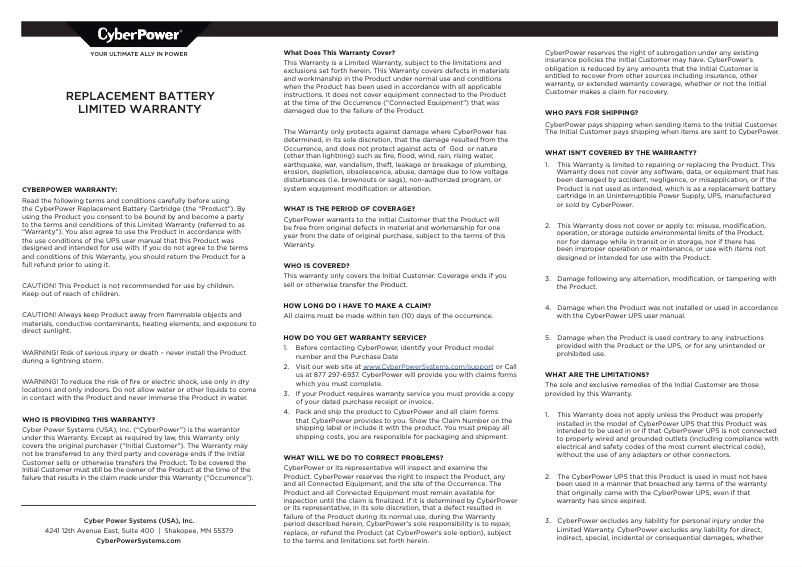 Page n°1 - Informations de garantie CyberPower CP900AVR