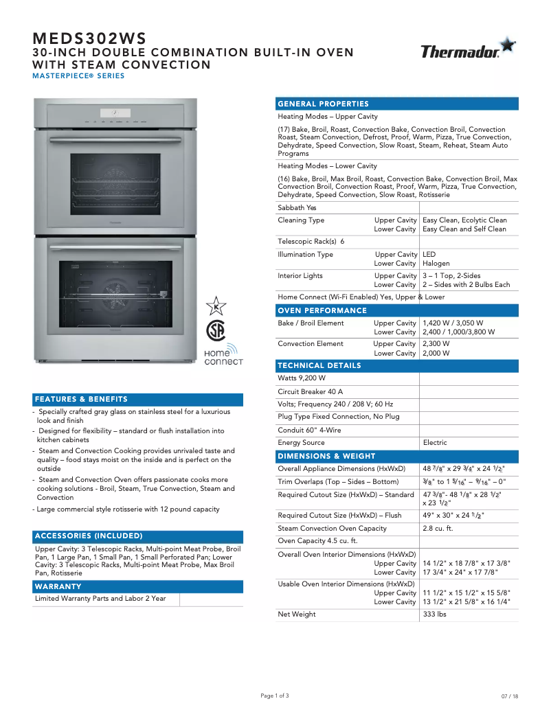 Page 1 de la notice Fiche technique Thermador Masterpiece MEDS302WS