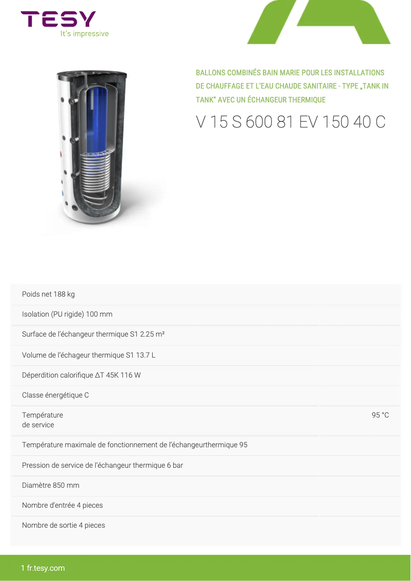 Page 1 de la notice Manuel utilisateur Tesy V 15 S 600 81 EV 150 40 C