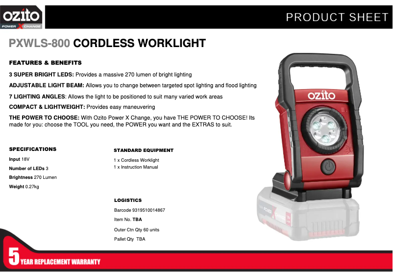 Página 1 del manual Ficha técnica Ozito PXWLS-800