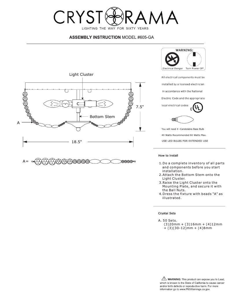 Page n°1 - Manuel utilisateur Crystorama Rylee 605-GA