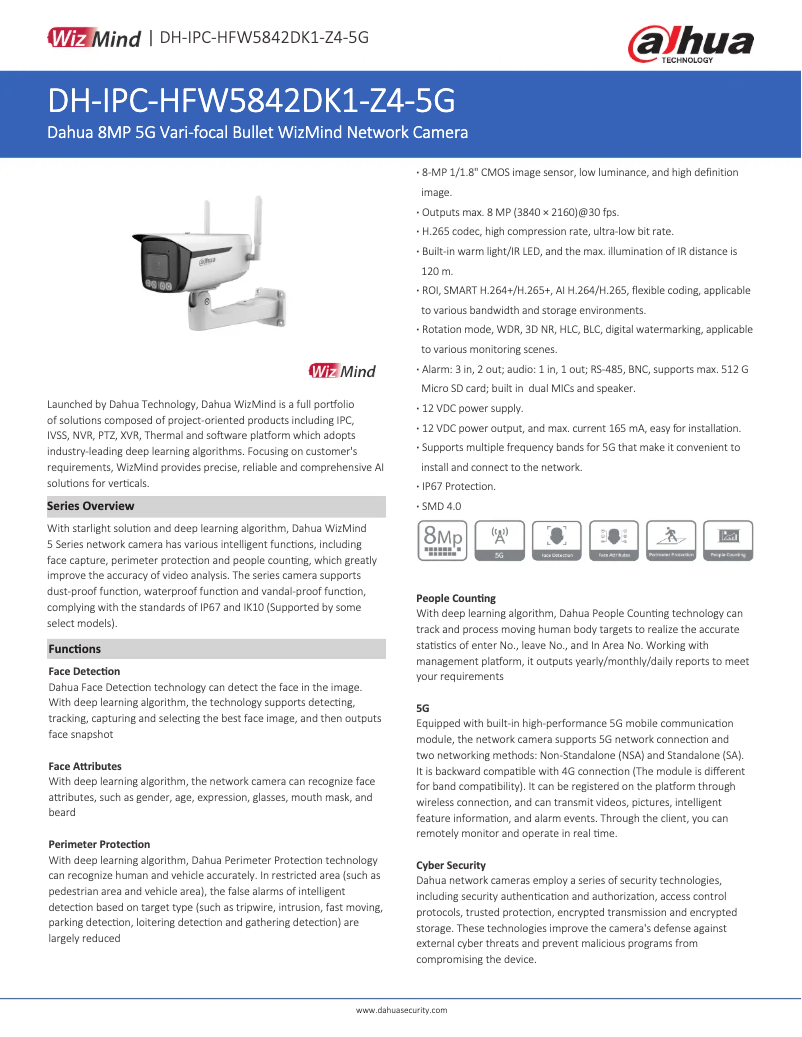 Page 1 de la notice Fiche technique Dahua Technology IPC-HFW5842DK1-Z4-5G