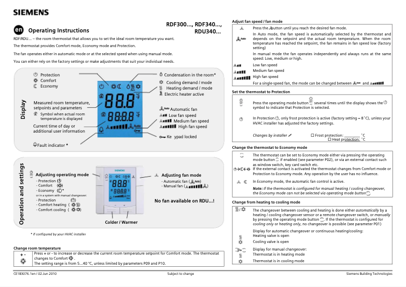 Page 1 de la notice Manuel utilisateur Siemens RDF340