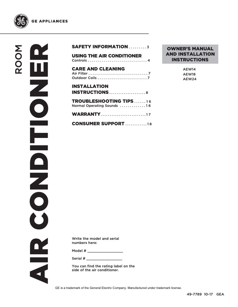 Page 1 de la notice Guide d'installation GE AEW24DX