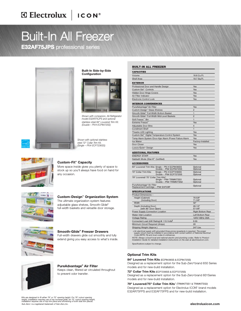 Page 1 de la notice Fiche technique Electrolux ICON E32AF75JPS
