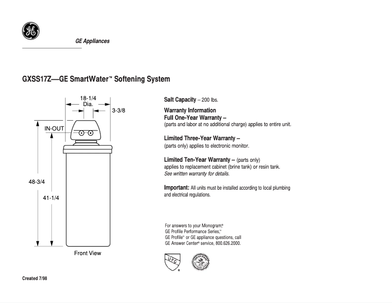 Página 1 del manual Ficha técnica GE GXSS17Z