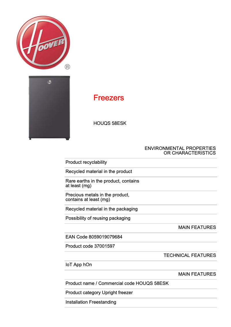 Page n°1 - Fiche technique Hoover HOUQS 58ESK