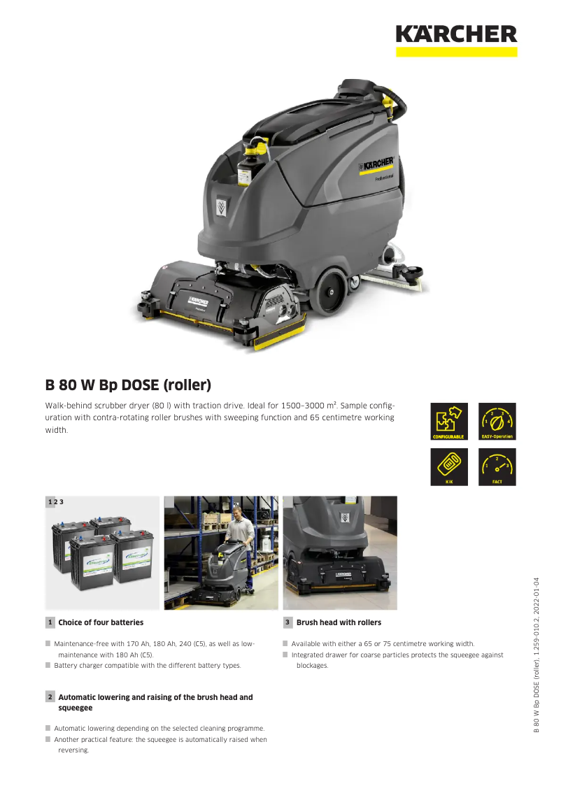 Page 1 de la notice Fiche technique Kärcher B 80 W Bp Dose