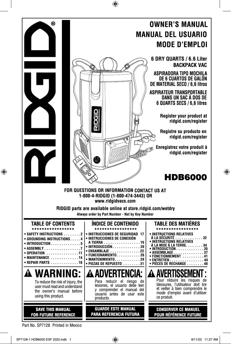 Page 1 de la notice Manuel utilisateur Ridgid VFB102