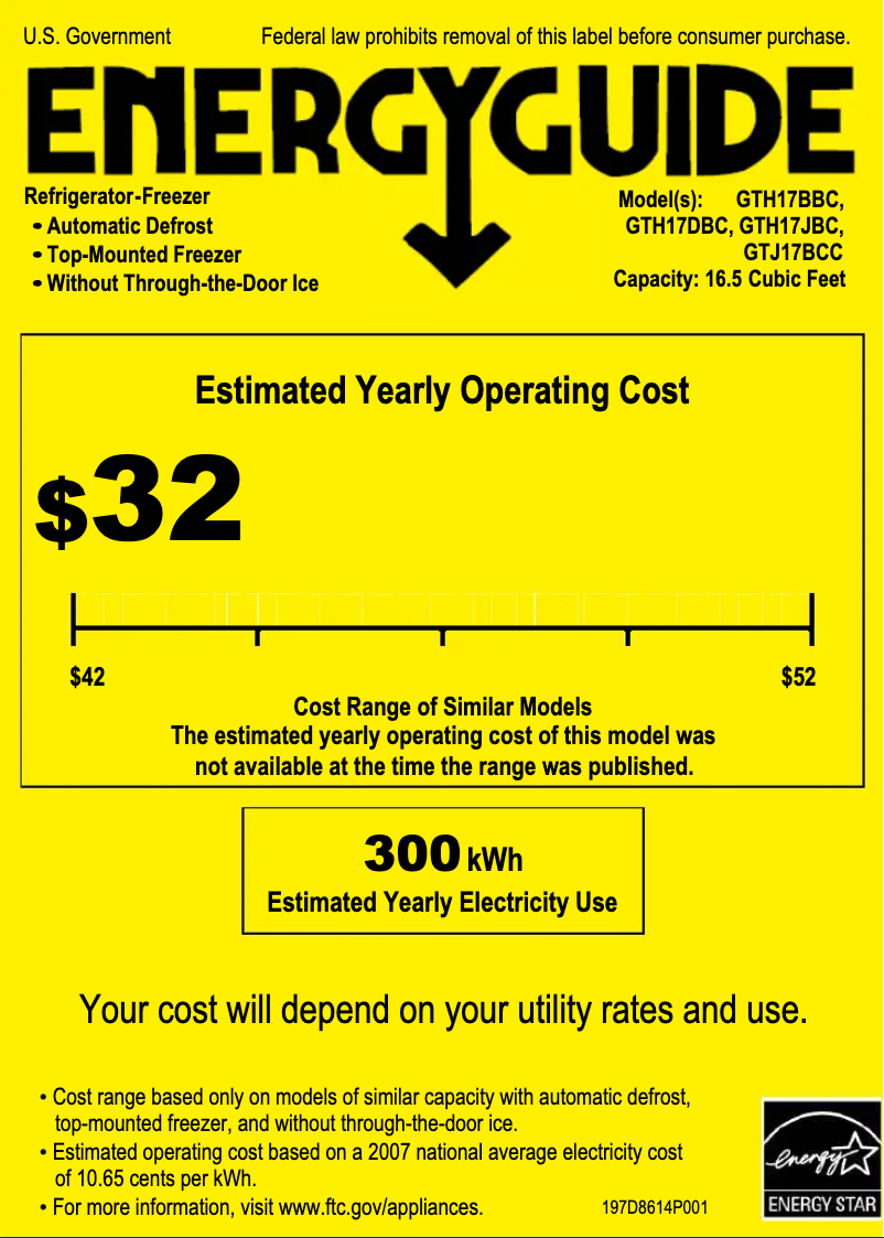 Page 1 de la notice Label énergétique GE GTH17BBCRBB