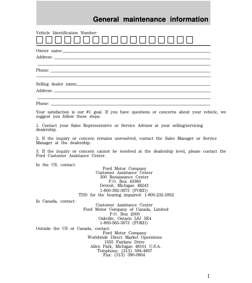 Page n°1 - Manuel d'utilisation et d'entretien Ford Ranger (1998)