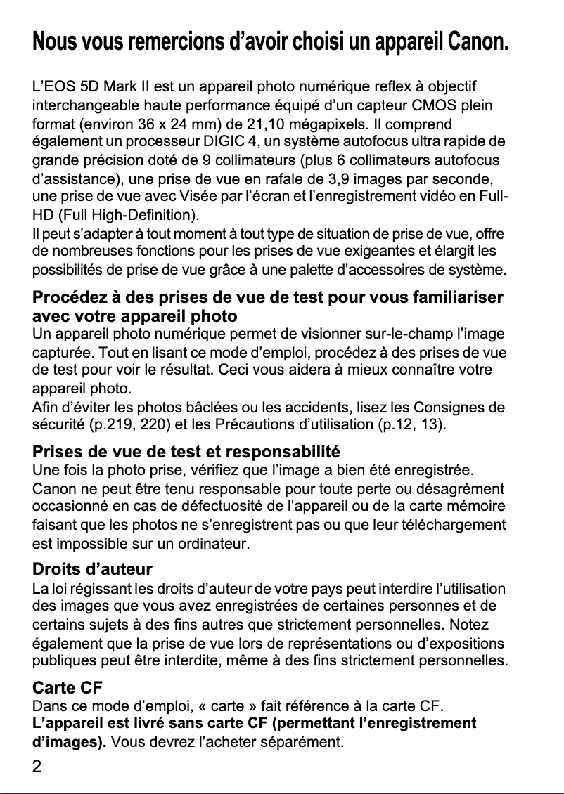 Page 1 de la notice Manuel utilisateur Canon EOS 5D Mark II
