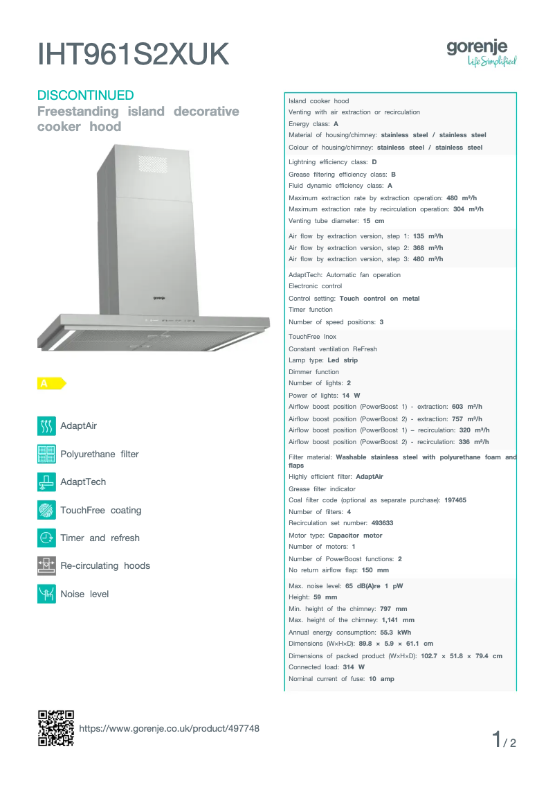 Page 1 de la notice Fiche technique Gorenje IHT961S2XUK