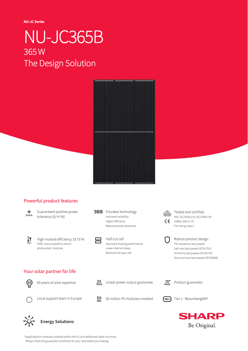 Page 1 de la notice Fiche technique Sharp NUJC365B