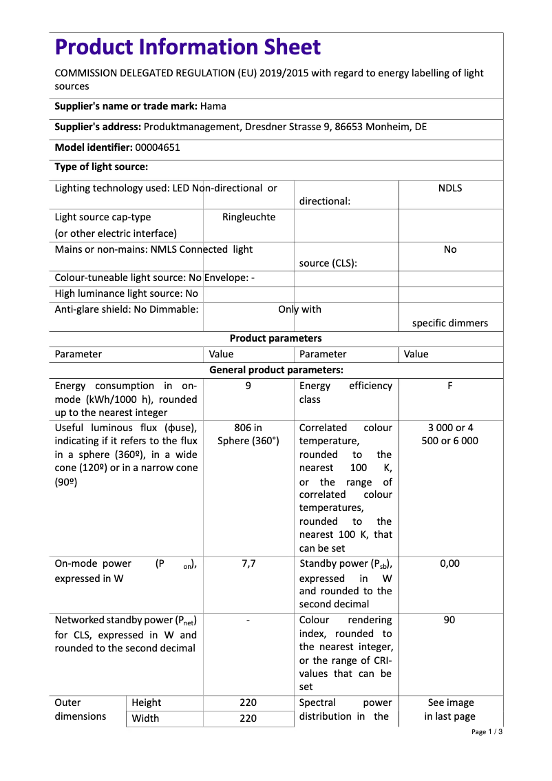 Page 1 de la notice Fiche technique Hama 00004651
