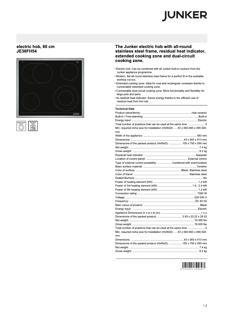 Page 1 de la notice Fiche technique Junker JE36FH54