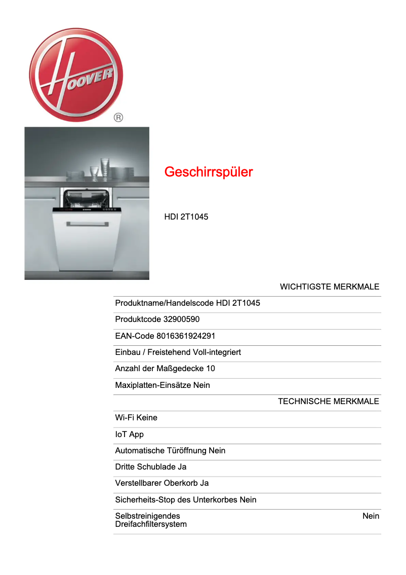 Page 1 de la notice Fiche technique Hoover HDP 2D952X