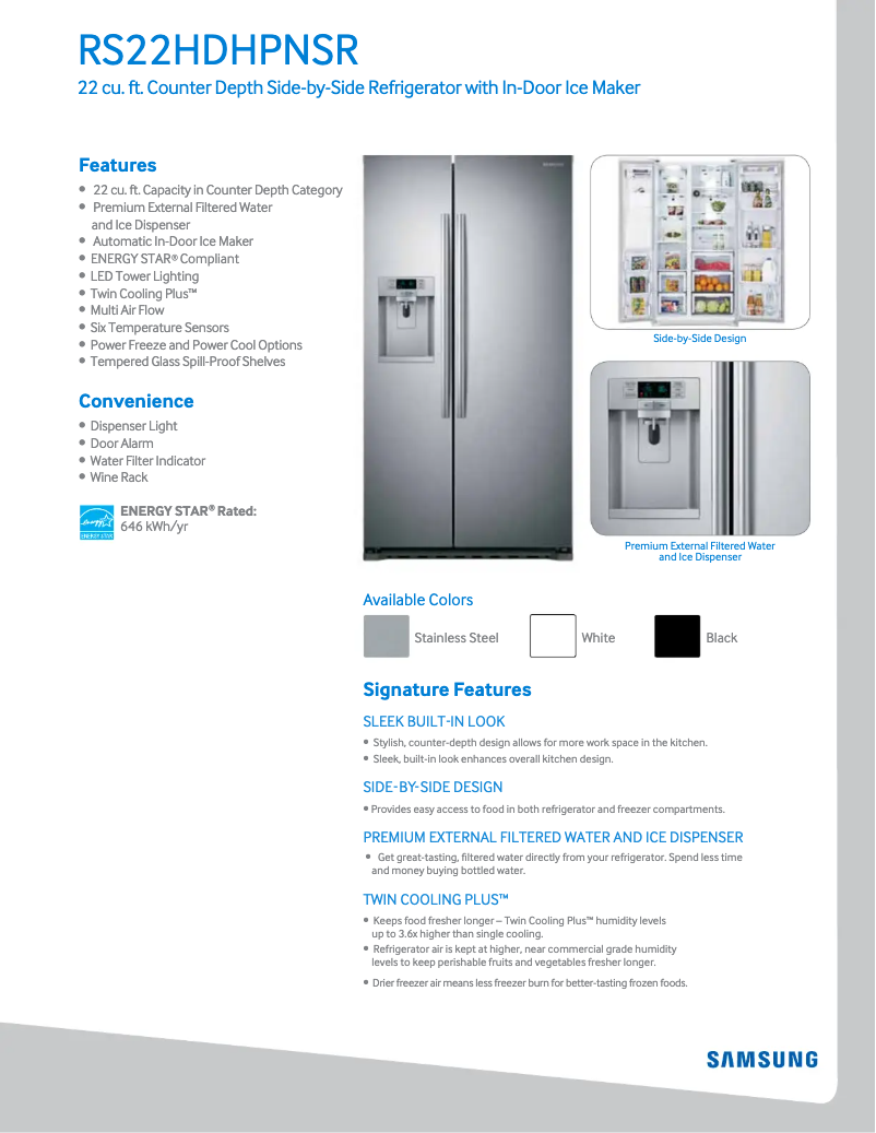 Page 1 de la notice Fiche technique Samsung RS22HDHPNSR