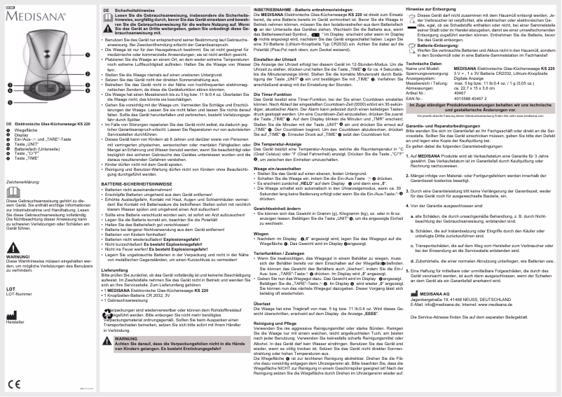 Page 1 de la notice Manuel utilisateur Medisana KS 220