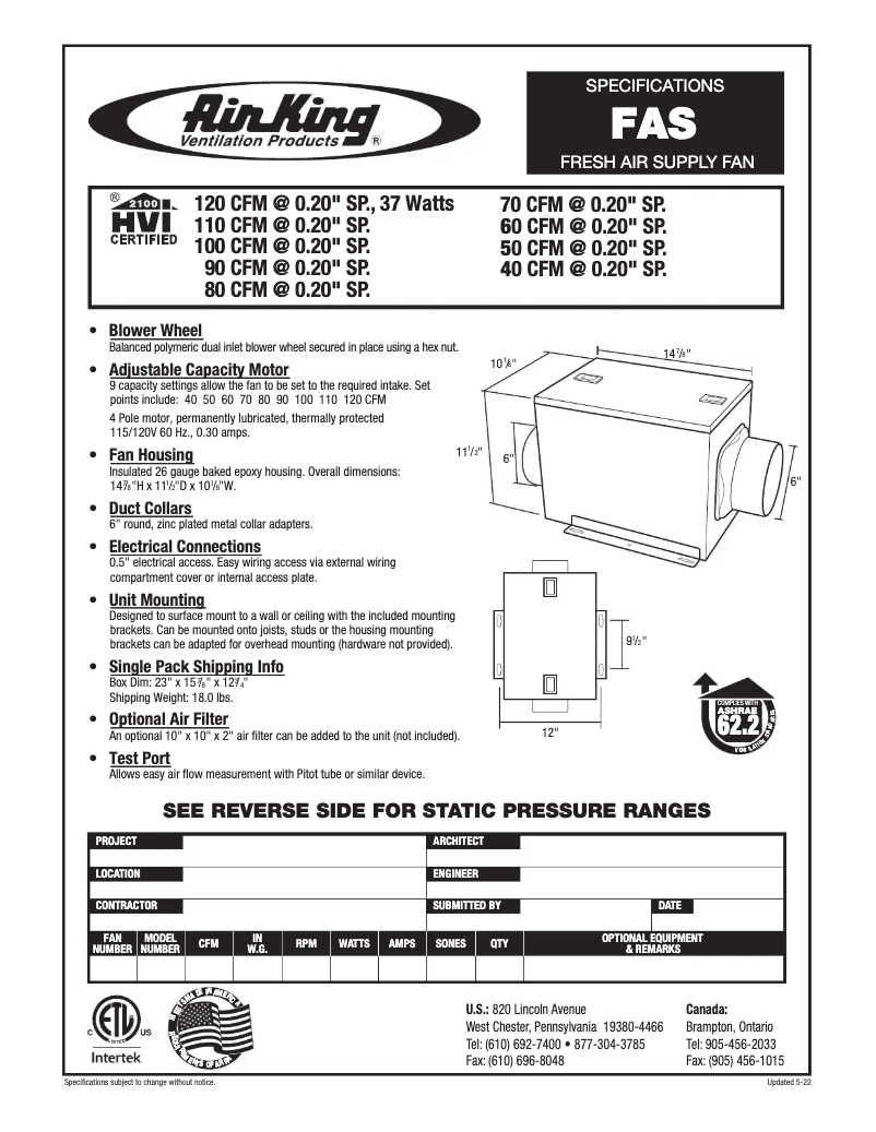 Page 1 de la notice Fiche technique Air King FAS