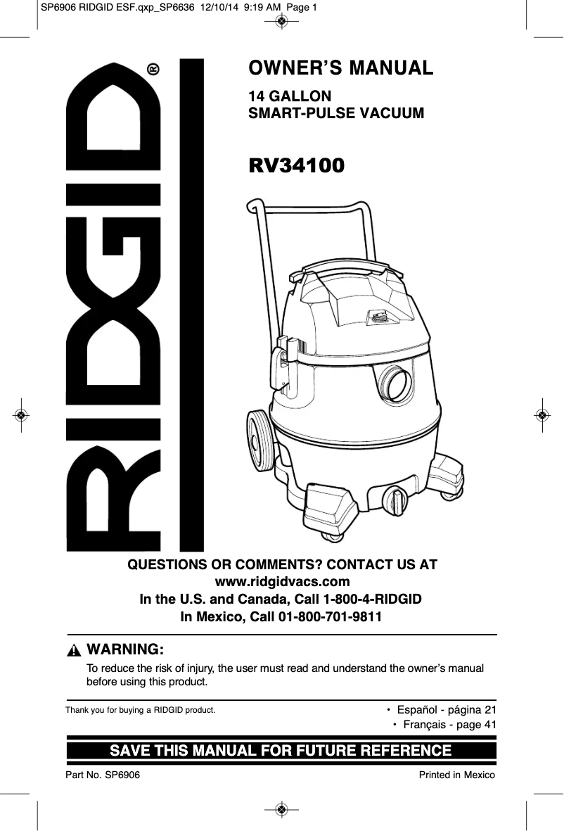 Page 1 de la notice Manuel utilisateur Ridgid Smart Pulse RV3410