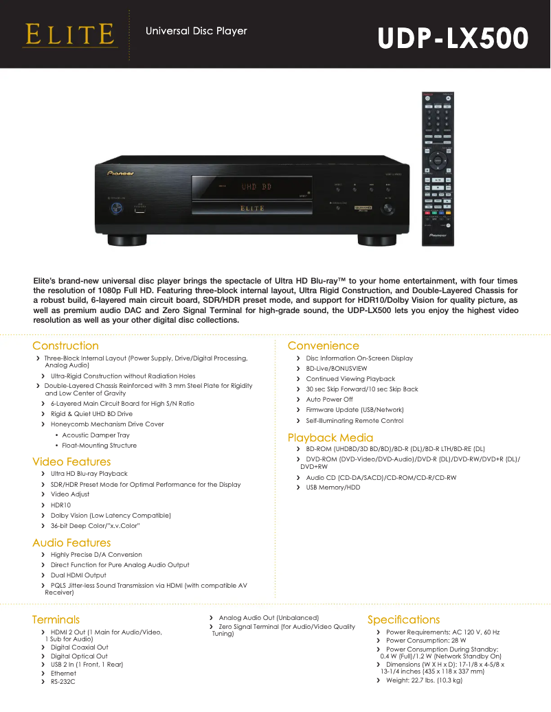 Page 1 de la notice Fiche technique Pioneer UDP-LX500