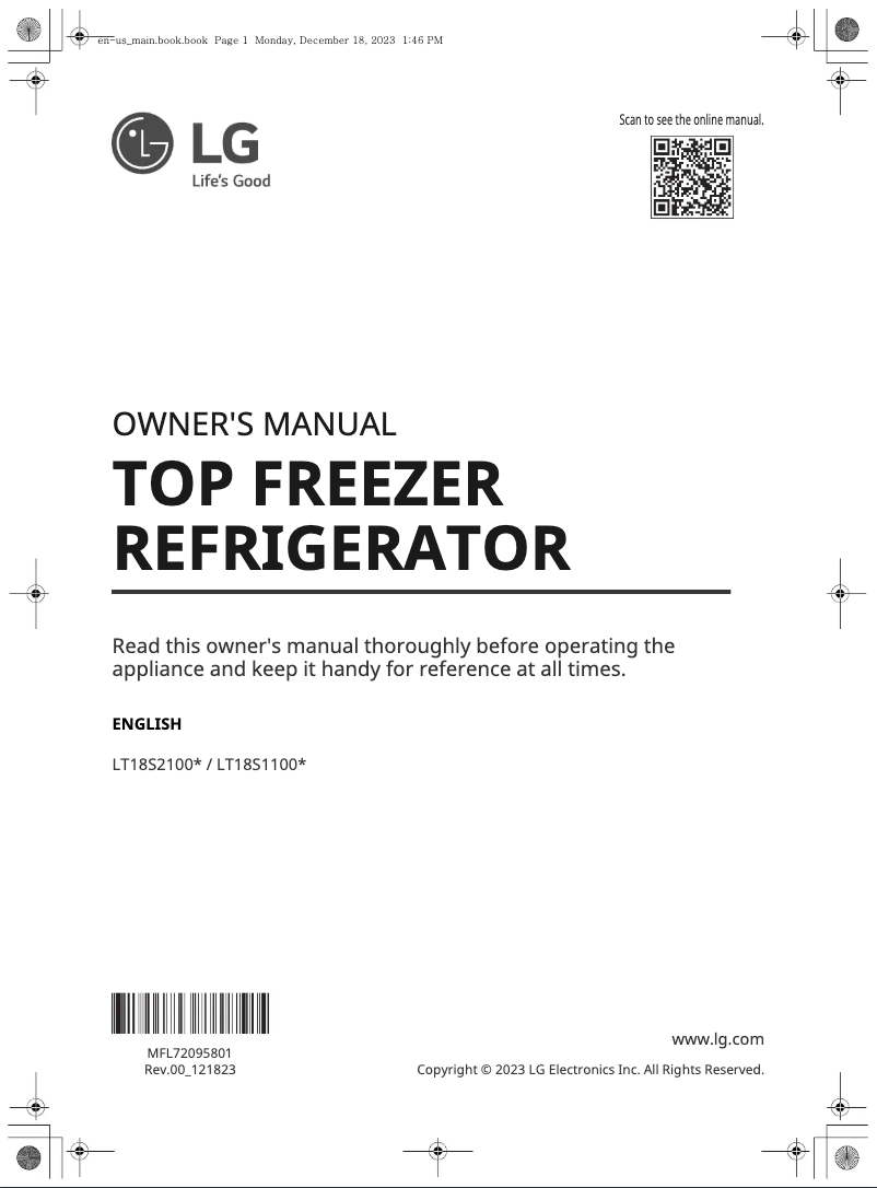 Page 1 de la notice Manuel utilisateur LG LT18S2100S