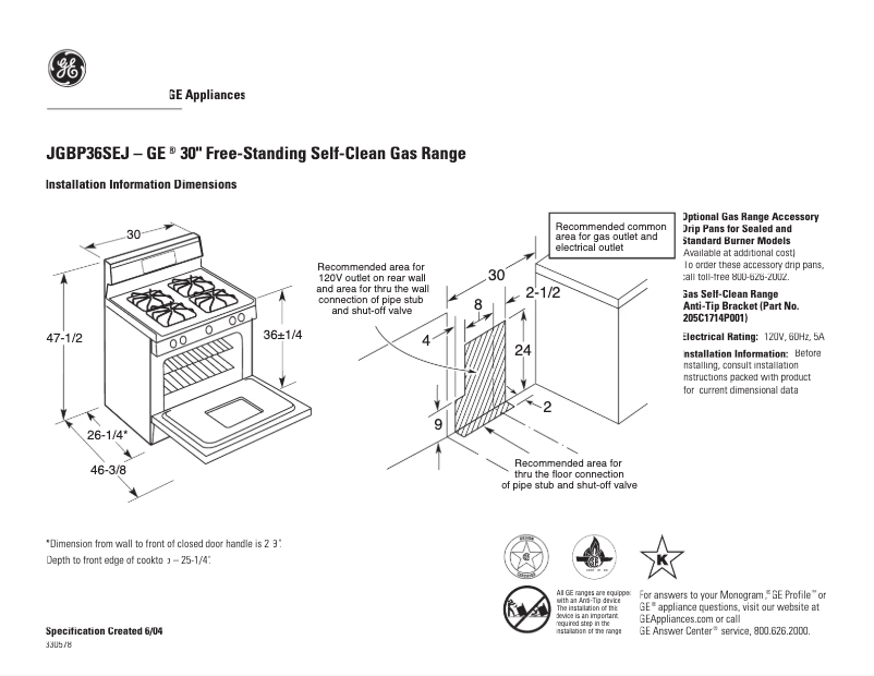 Page 1 de la notice Fiche technique GE JGBP36SEJSS