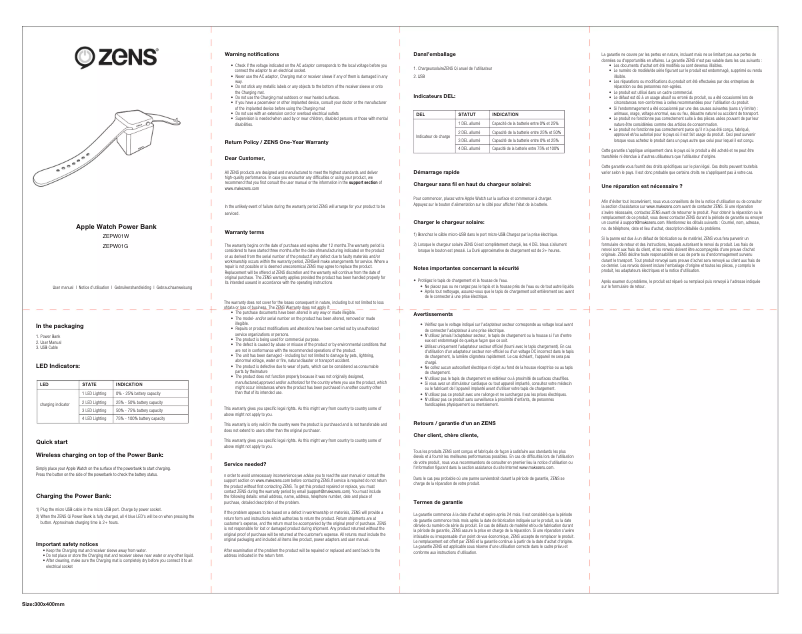 Page 1 de la notice Manuel utilisateur Zens Apple Watch Power Bank