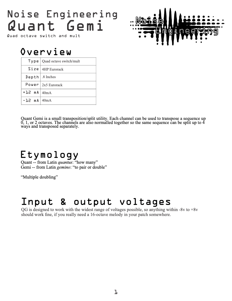 Page 1 de la notice Manuel utilisateur Noise Engineering Quant Gemi
