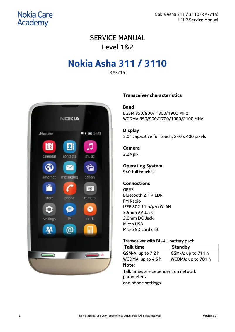 Page 1 de la notice Manuel utilisateur Nokia Asha 311 Sandy