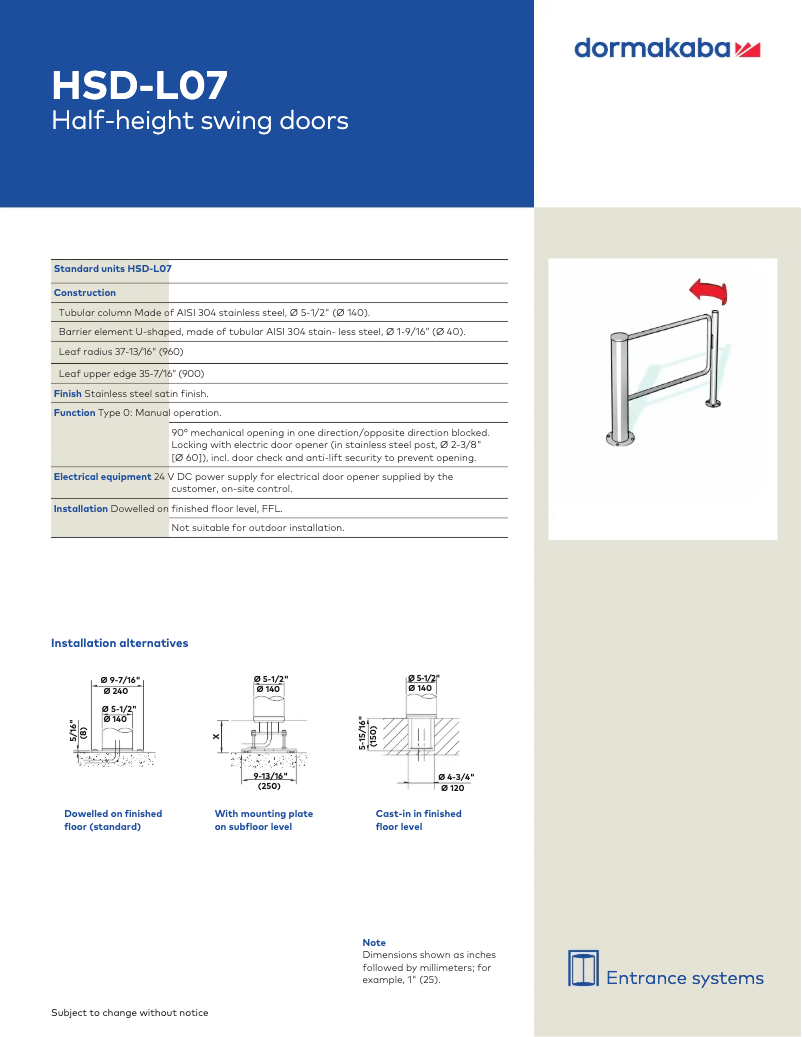 Page 1 de la notice Manuel utilisateur Dormakaba HSD-L07